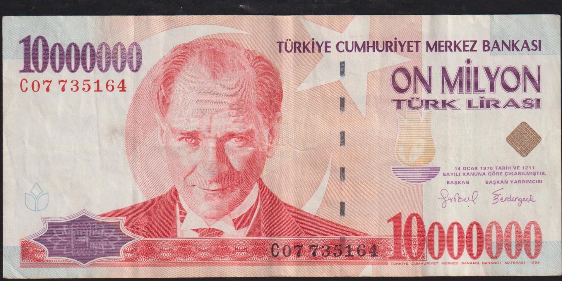 7.Emisyon 10 000 000 Lira C07 735164 Çok Temiz+