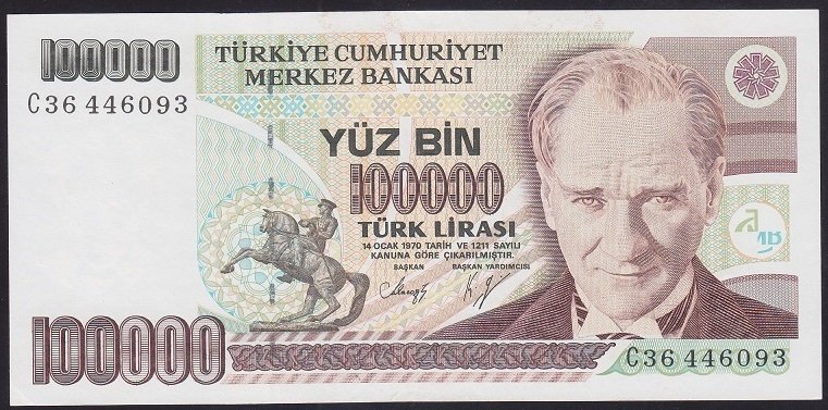 7.EMİSYON 1.TERTİP 100000 LİRA C36 446093 ÇİLALTI ÇİL