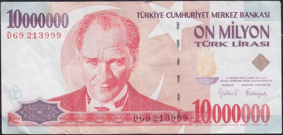 7.Emisyon 10 000 000 Lira D69 213999 Çok Temiz +