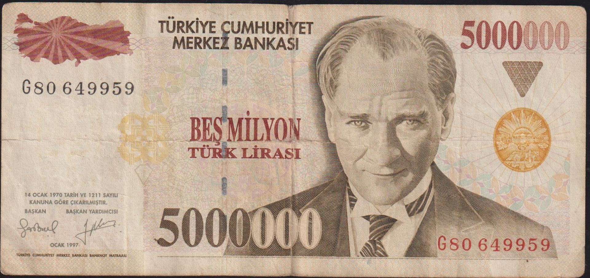 7.Emisyon 5 000 000 Lira G80 649959 Çok Temiz
