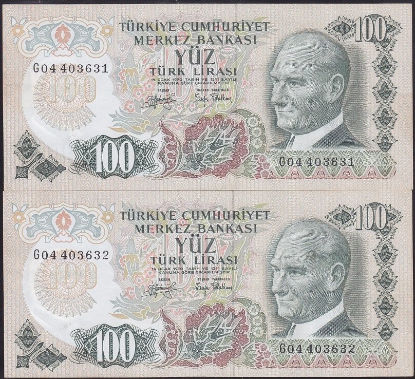 6.EMİSYON 2.TERTİP 100 LİRA G04 403631 -32 SERİ TAKİPLİ 2 ADET ÇÇT ÇİLALTI