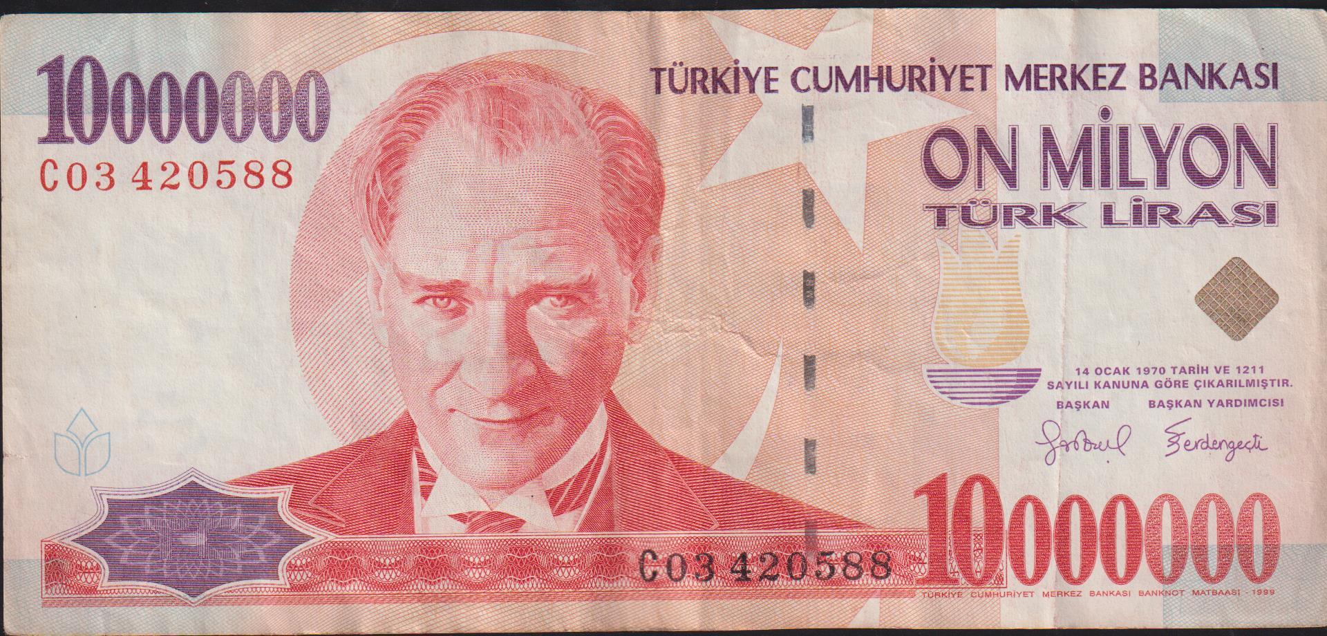 7.Emisyon 10 000 000 Lira C03 420588 Çok Temiz