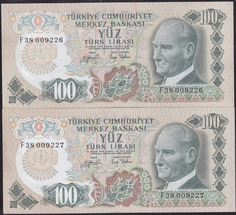 6.EMİSYON 2.TERTİP 100 LİRA F38 009226 - 27 SERİ TAKİPLİ 2 ADET ÇÇT +