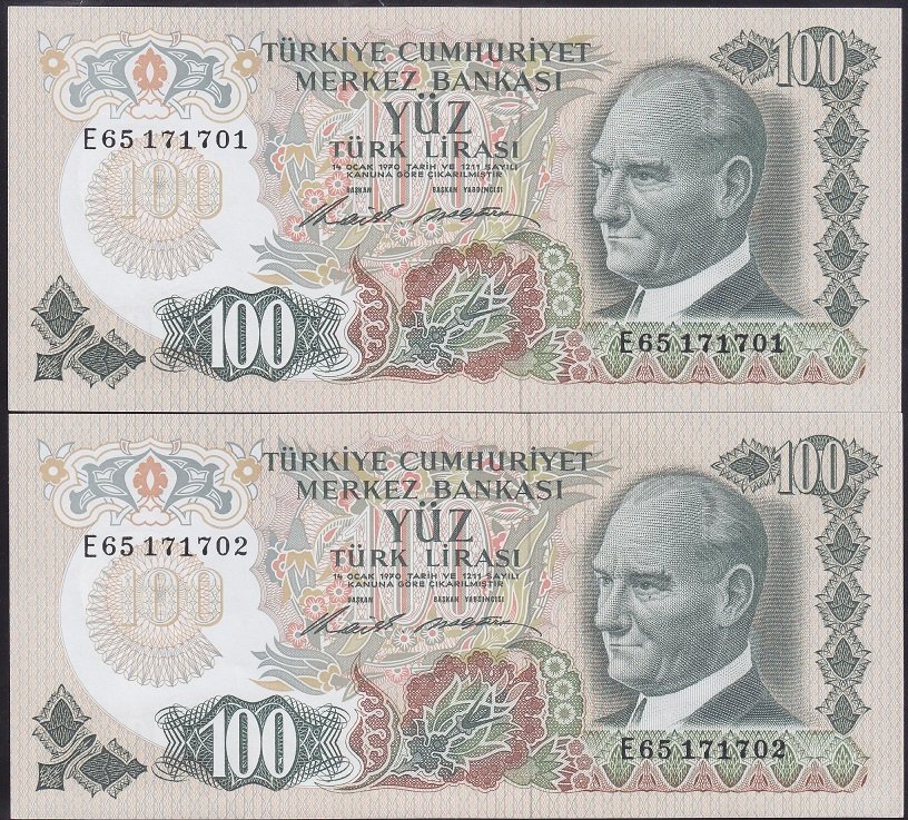 6.EMİSYON 1.TERTİP 100 LİRA E65 171701 - 702 SERİ TAKİPLİ 2 ADET ÇİLALTI