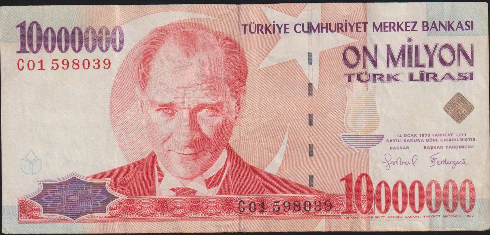 7.Emisyon 10 000 000 Lira C01 598039 Çok Temiz