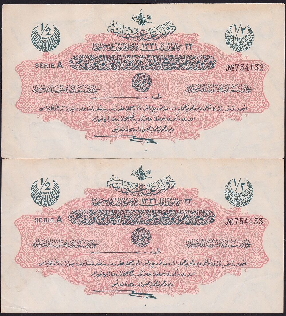 Reşat 1/2 Lira 22 Aralık 1331 Seri A 754132-33 Seri Takipli Çilaltı Çil