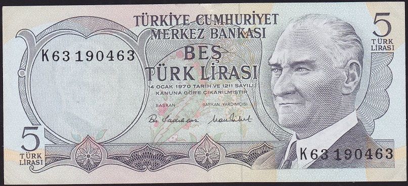 6.Emisyon 2.Tertip 5 Lira K63 190463 Çok Çok Temiz+