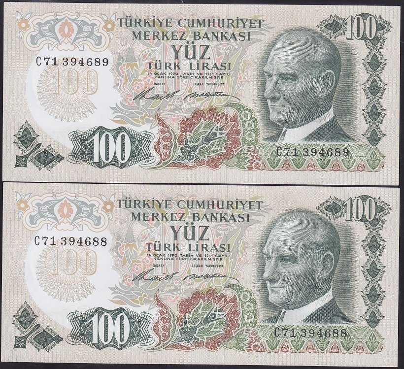 6.EMİSYON 1.TERTİP 100 LİRA C71 394688 - 89 SERİ TAKİPLİ 2 ADET ÇİLALTI ÇİL