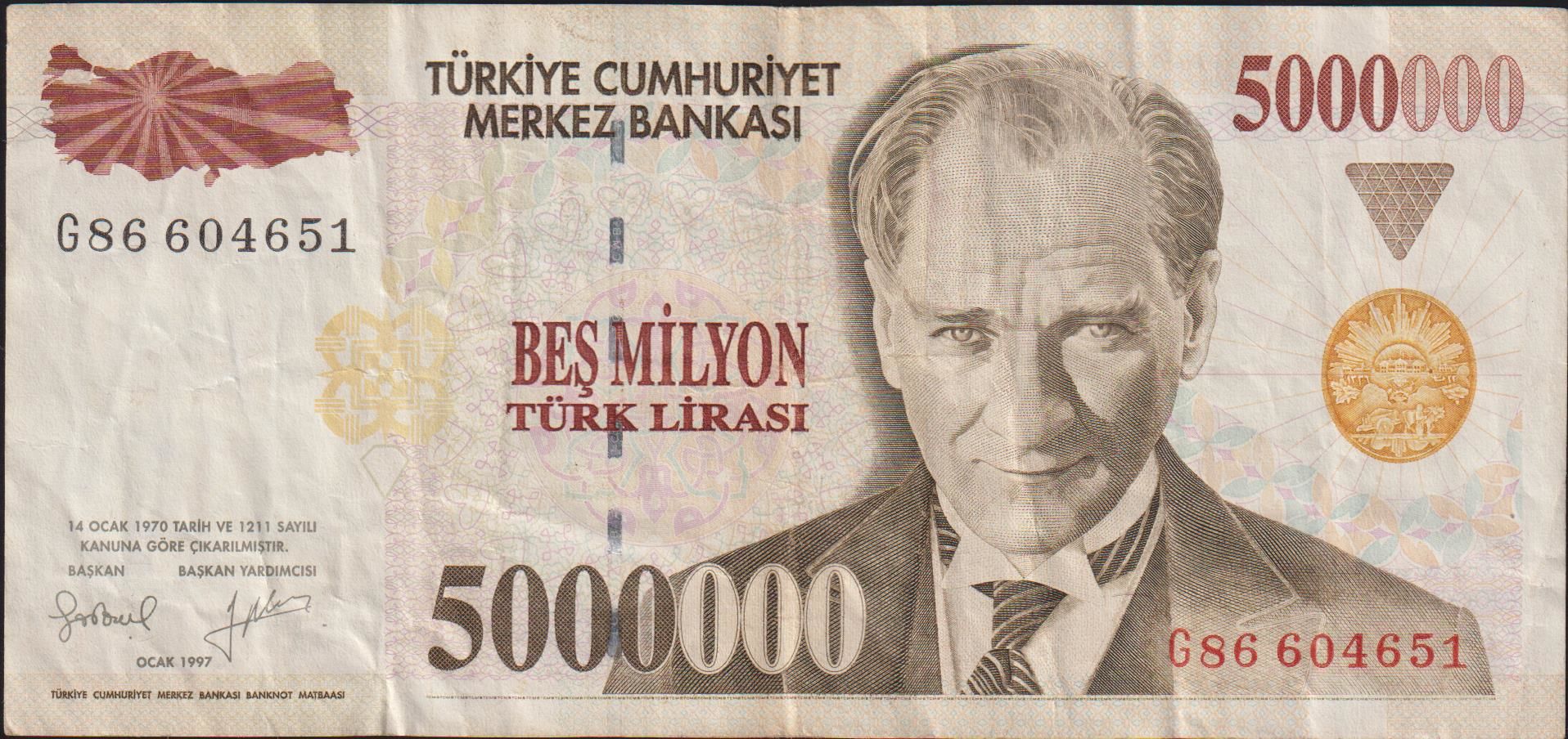 7.Emisyon 5 000 000 Lira G86 604651 Çok Temiz+