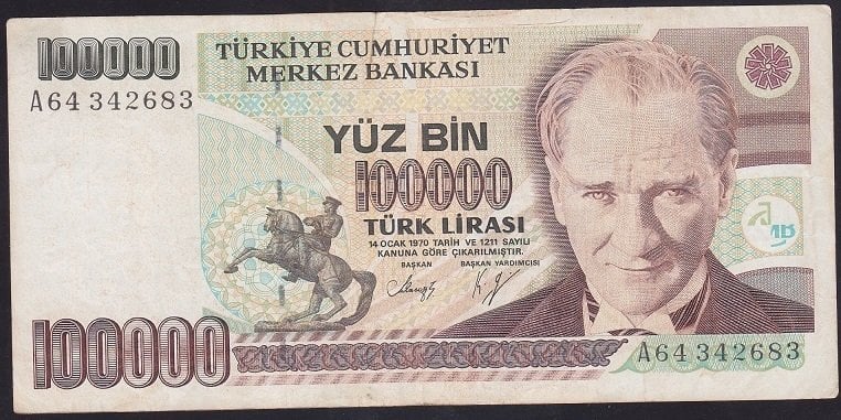 7.EMİSYON 1.TERTİP 100000 LİRA A64 342683 TEMİZ