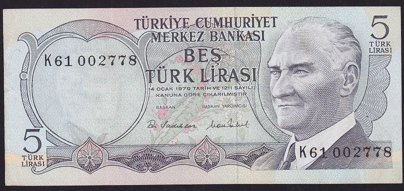6.Emisyon 2.Tertip 5 Lira K61 002778 Çok Temiz+