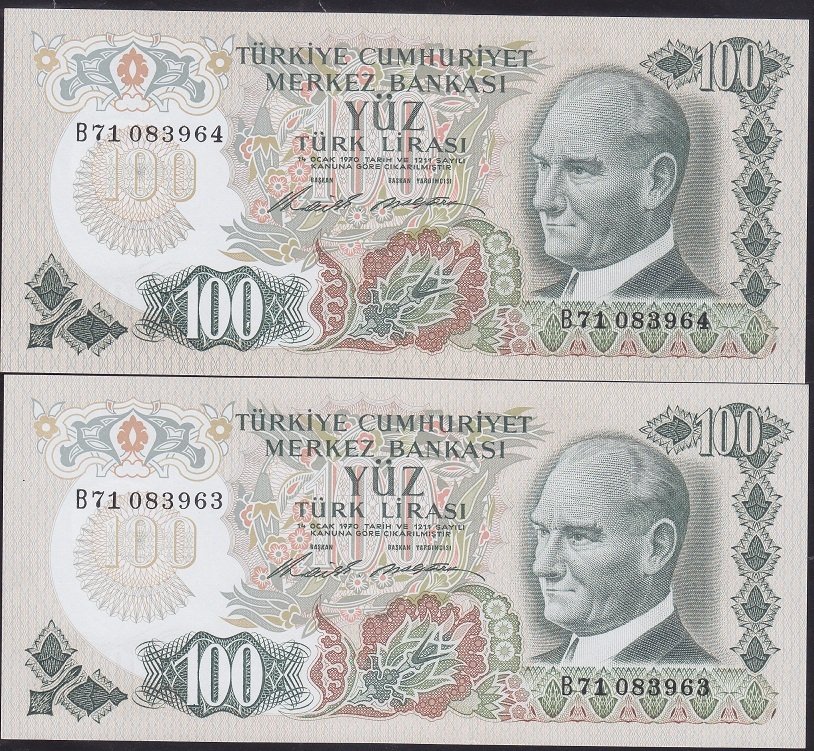 6.EMİSYON 1.TERTİP 100 LİRA B71 083963 - 64 SERİ TAKİPLİ 2 ADET ÇİLALTI ÇİL
