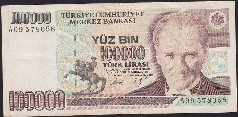 7.EMİSYON 1.TERTİP 100000 LİRA A09 578058 ÇOK TEMİZ