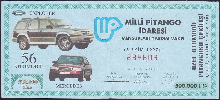 MİLLİ PİYANGO MENSUPLARI ÖZEL OTOMOBİL PİYANGOSU 1997