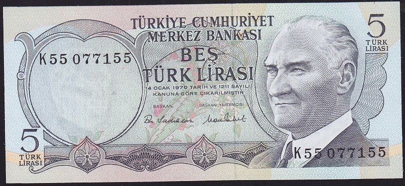 6.Emisyon 2.Tertip 5 Lira K55 077155 Çil