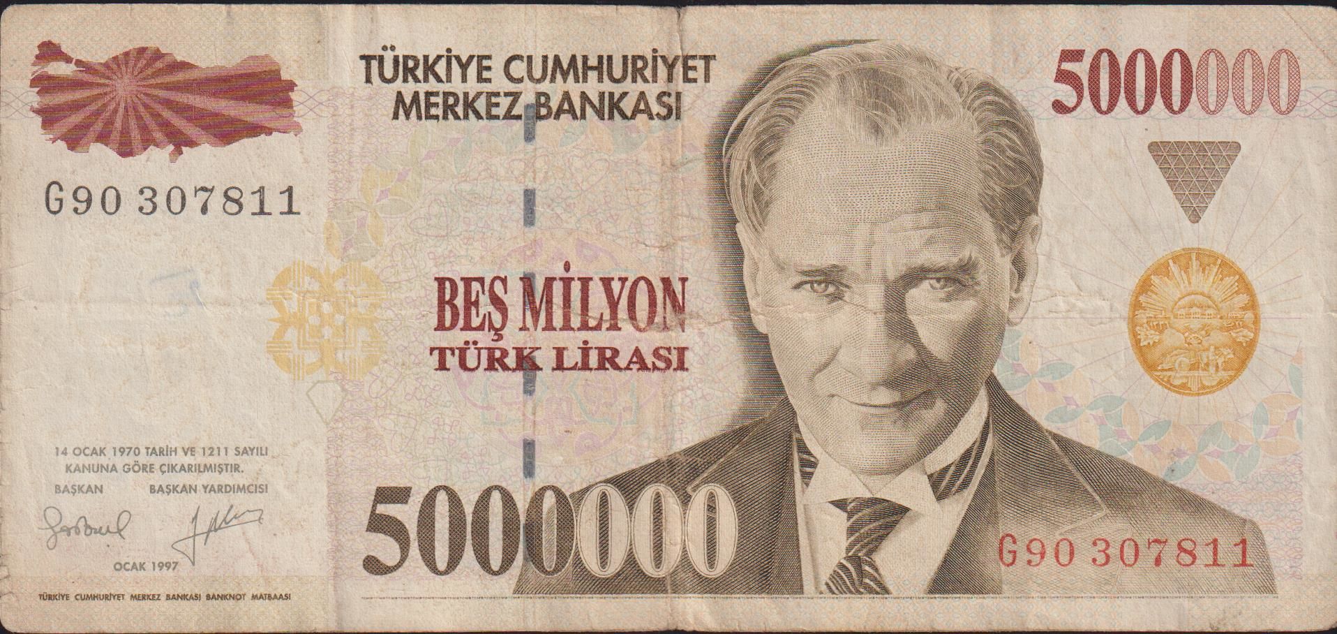 7.Emisyon 5 000 000 Lira G90 307811 Çok Temiz