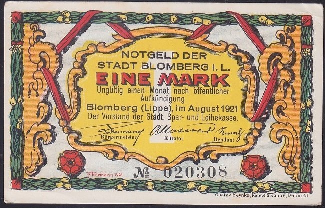 ALMANYA 1 MARK NOTGELD 1921 ÇİLALTI ÇİL