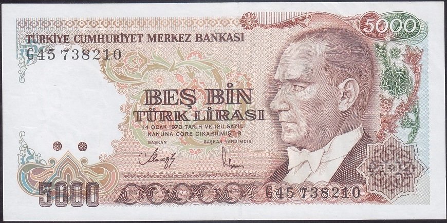 7.Emisyon 4.Tertip 5000 Lira G45 738210 Ççt Çilaltı