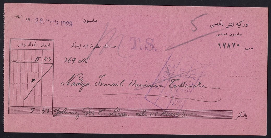 OSMANLICA İŞ BANKASI SAMSUN ŞUBESİ KASA MAKBUZU 26 MAYIS 1929