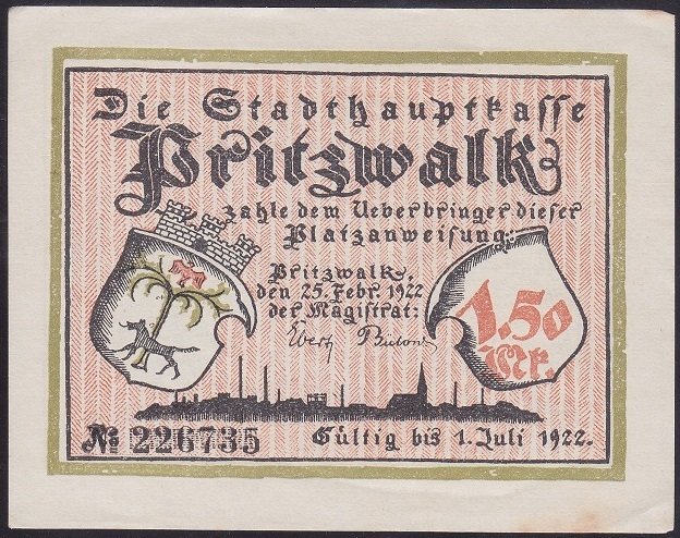 ALMANYA 1.50  MARK NOTGELD 1922 ÇİLALTI ÇİL