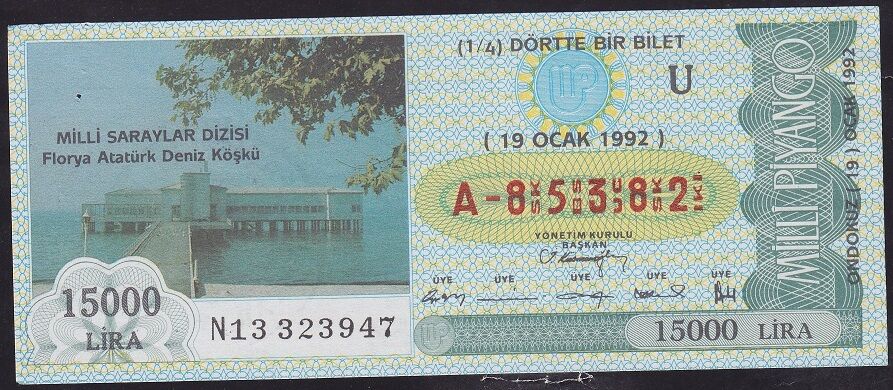 1992 19 Ocak Çeyrek Bilet - U Serisi - Milli Saraylar Florya Atatürk Köşkü
