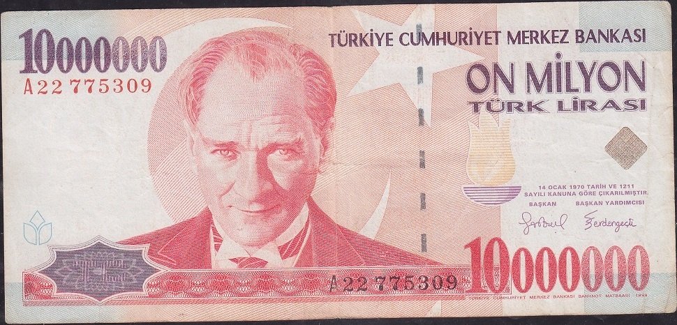 7.Emisyon 10 000 000 Lira A22 775309 Çok Temiz