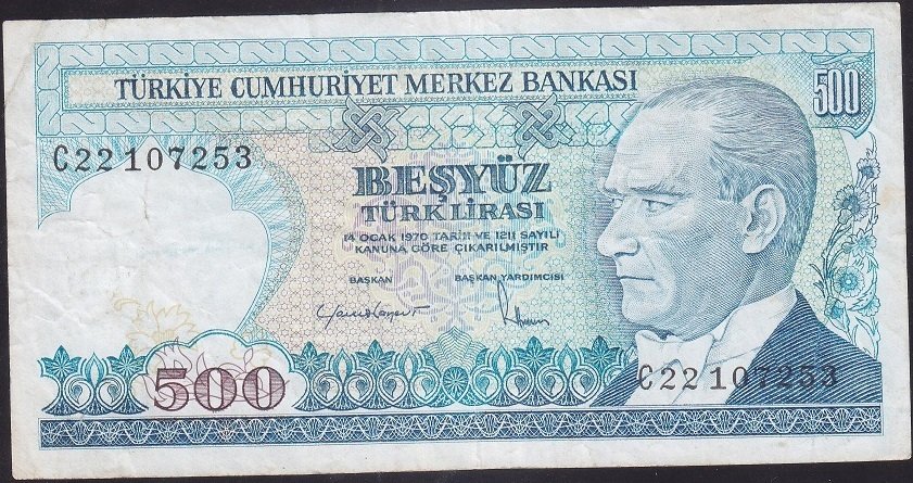 7.Emisyon 2.Tertip 500 Lira C22 107253 Çok Temiz