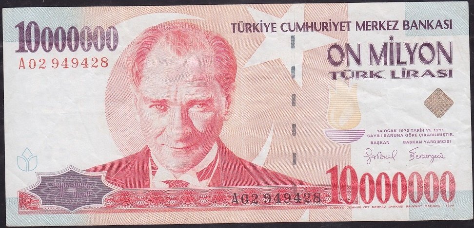 7.Emisyon 10 000 000 Lira A02 949428 Çok Temiz +