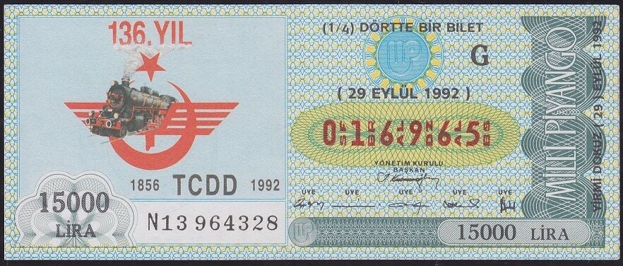 1992 29 Eylül Çeyrek Bilet - G Serisi - TCDD