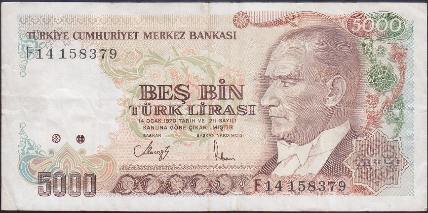 7.Emisyon 3.Tertip 5000 Lira F14 158379 Çok Temiz
