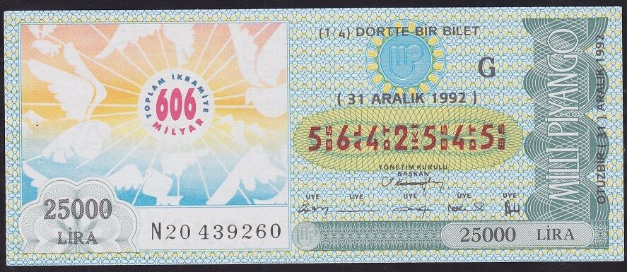 1992 31 Aralık Çeyrek Bilet - G Serisi