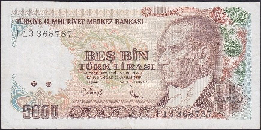 7.Emisyon 3.Tertip 5000 Lira F13 368787 Çok Temiz +