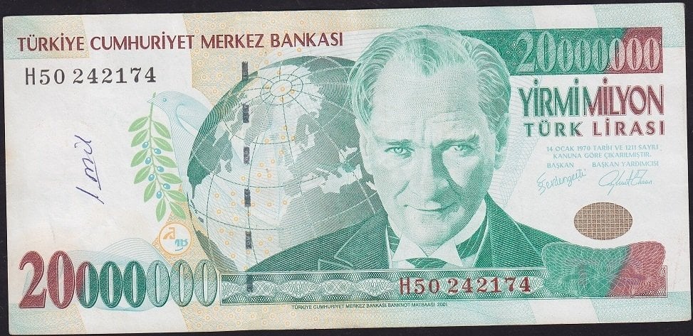 7.Emisyon 20 000 000 Lira H50 242174 Çok Çok Temiz
