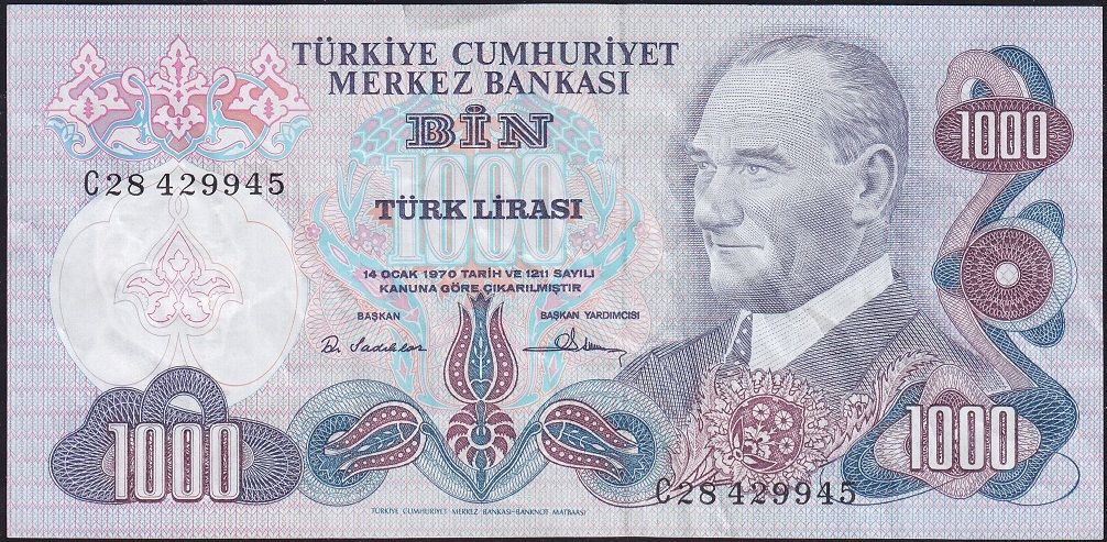 6.Emisyon 1.Tertip 1000 Lira C28 429945 Çok Temiz