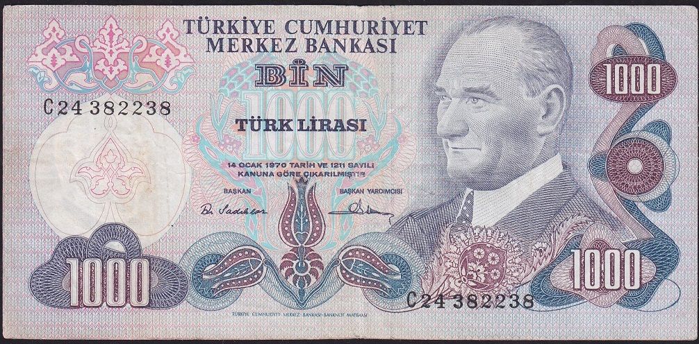 6.Emisyon 1.Tertip 1000 Lira C24 382238 Çok Temiz
