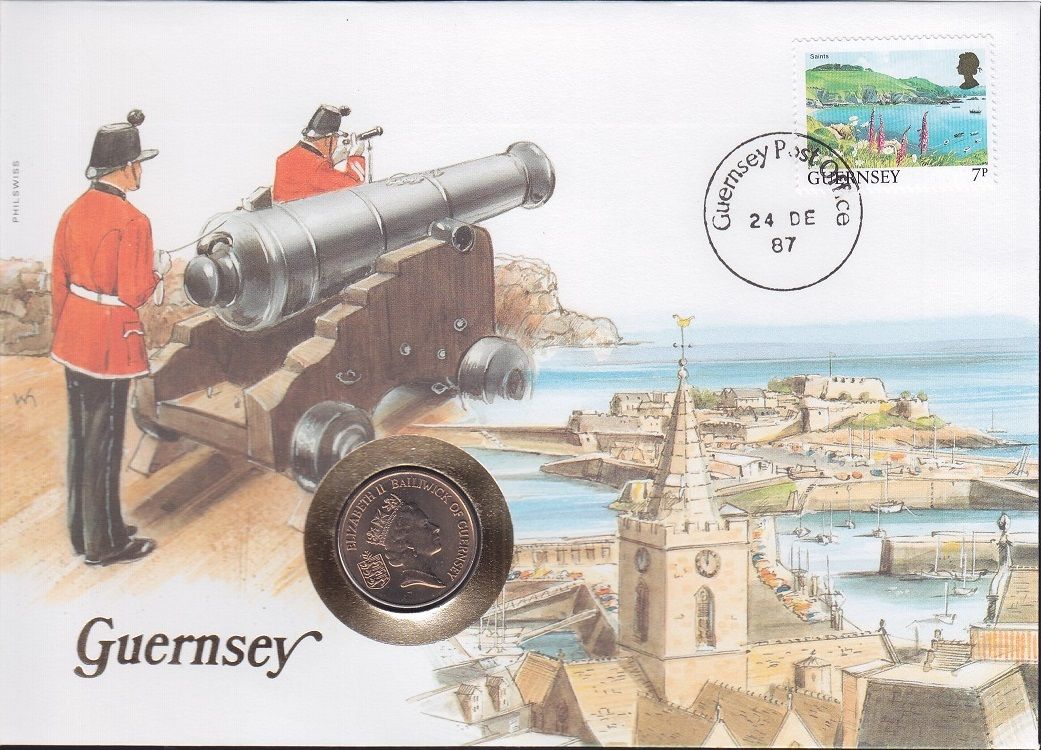 Guernsey 5 Pence 1987 İlk Gün Zarfında Damgalı Pullu