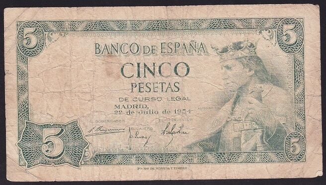 İspanya 5 Pesetas 1954 Çok Temiz