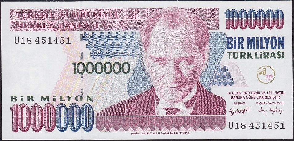 7.Emisyon 3.Tertip 1 000 000 Lira U18 451 451 Çil Tekrarlayan Numara