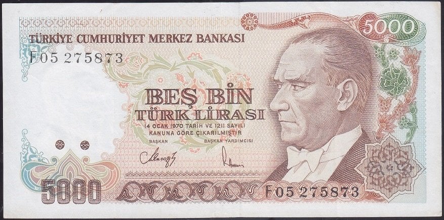 7.Emisyon 3.Tertip 5000 Lira F05 275873 Çok Temiz +