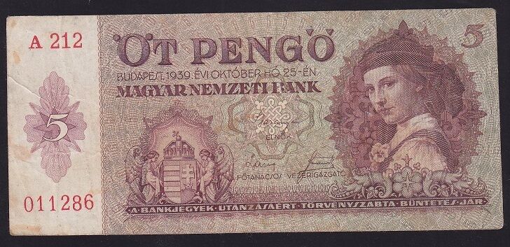 Macaristan 5 Pengo 1939 Çok Temiz