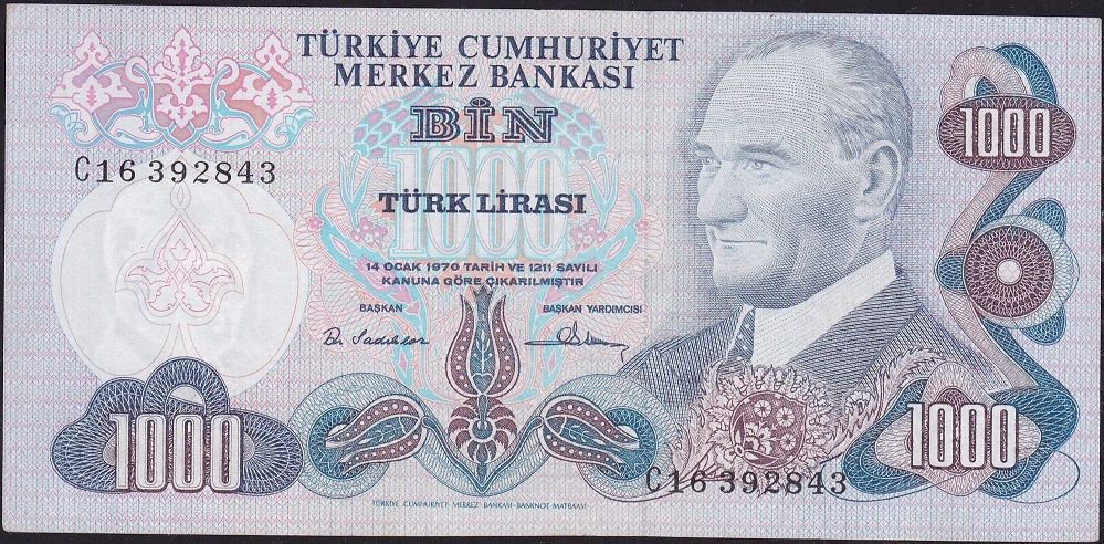 6.Emisyon 1.Tertip 1000 Lira C16 392843 Çilaltı ( Kabartmalar zayıf )
