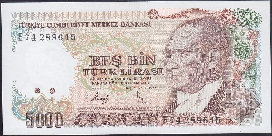 7.Emisyon 3.Tertip 5000 Lira E74 289645 Çilaltı ( bandrol Baskı izi var )