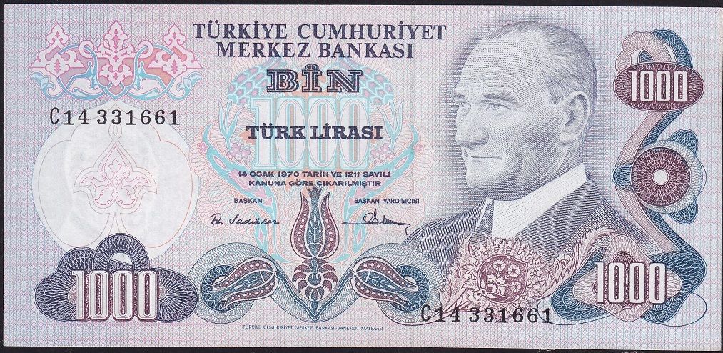 6.Emisyon 1.Tertip 1000 Lira C14 331661 Çilaltı Çil ( Kabartmalar Zayıf )