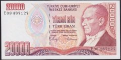7.EMİSYON 1.TERTİP 20000 LİRA E08 487127 ÇİLALTI (BANDROL BASKI İZİ VAR KAT YOK)