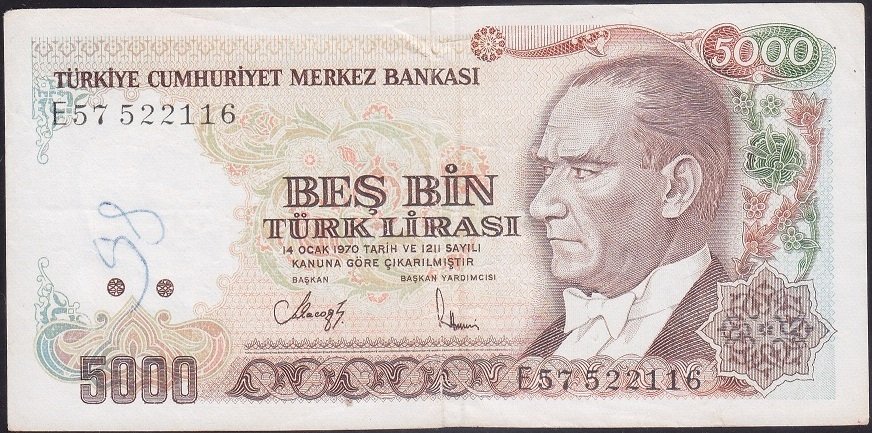 7.Emisyon 3.Tertip 5000 Lira E57 522116 Çok Temiz