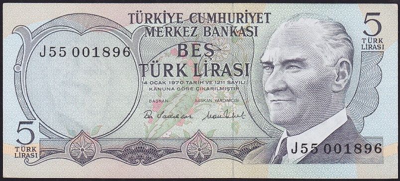6.Emisyon 2.Tertip 5 Lira J55 001896 Çilaltı
