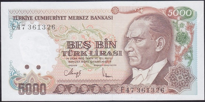 7.Emisyon 3.Tertip 5000 Lira E47 361326 Çilaltı ( kulakta büyük kırık var )