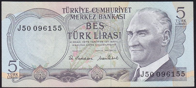 6.Emisyon 2.Tertip 5 Lira J50 096155 Çilaltı
