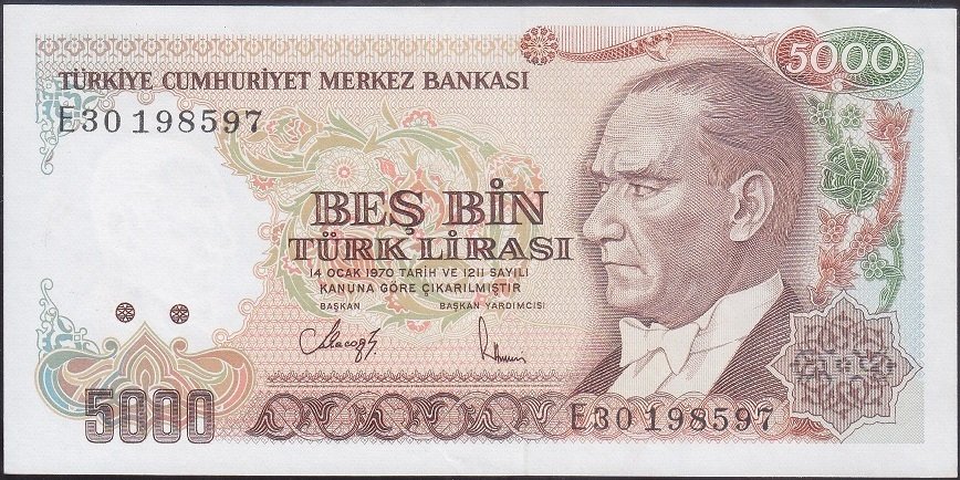 7.Emisyon 3.Tertip 5000 Lira E30 198597 Çilaltı