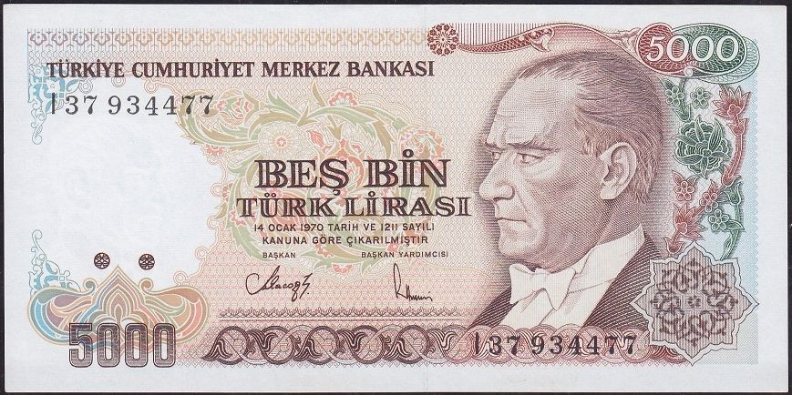 7.Emisyon 4.Tertip 5000 Lira I37 934477 Çilaltı Çil ( Arka yüzde rakam yazılmış )